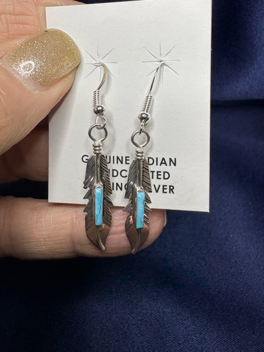 Earrings Handcrafted Native American Sterling Silver Feather Turquoise Dangle - Picture 3 of 9